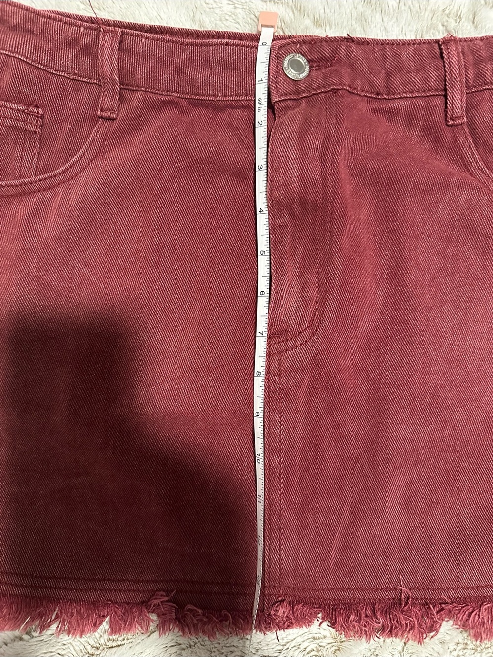 Prettylittlething Washed Oxblood Raw Frayed Hem Denim Mini Skirt Size 10 - Picture 8 of 14